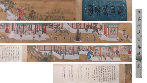 A hand scroll of a painting of the Han Palace of Chunxiao, the mark of Qiu Ying, Ming Dynasty, China