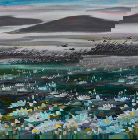 A painted landscape lotus vertical axis, the mark of Lin Fengmian, China