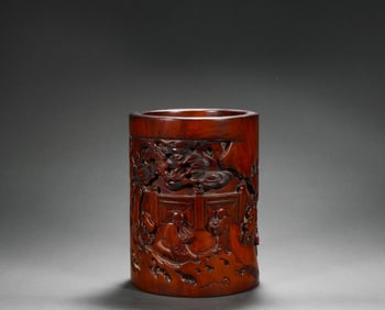 A bamboo pen holder with carved figures, Qing Dynasty, China