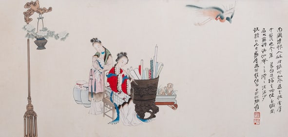 A painting lady painted vertical axis, Zhang Daqian's mark, China