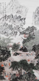 A fine vertical axis of painted landscape figures, marked by Fu Baoshi, China