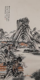 A painted landscape pavilion boutique vertical axis, marked by Zhang Daqian, China