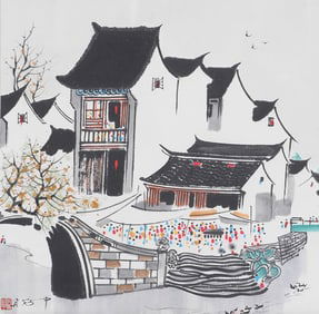 A painted vertical shaft of a dwelling house, marked by Wu Guanzhong, China