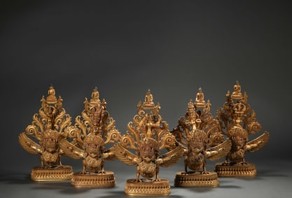 Gilt bronze Dapeng wings Sakyamuni Five Buddha, Ming Dynasty, China