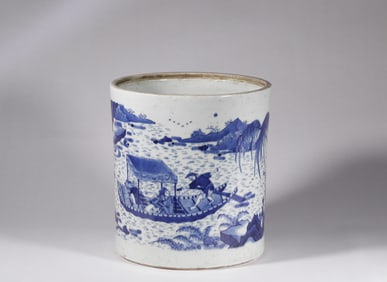 A blue and white landscape figure pen holder, Qing Dynasty, China
