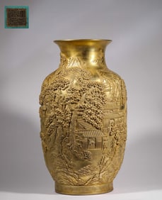 A Qianlong relief landscape pavilion gilt porcelain vase, Qing Dynasty, China