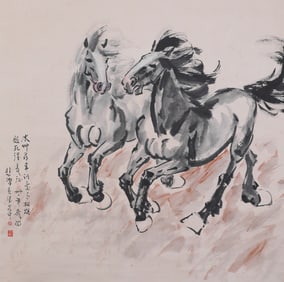 A painted double steed vertical axis, Xu Beihong's mark, China