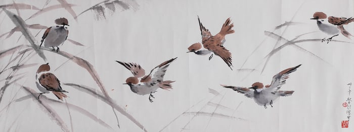 Xu Beihong sparrow chart treasures vertical axis