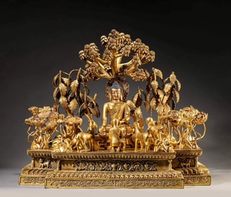 MING DYNASTY GILT BRONZE SAKYAMUNI PREACHING TO THE BUDDHA