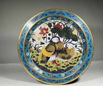 MING DYNASTY CLOISONNE MANDARIN DUCK PLATE