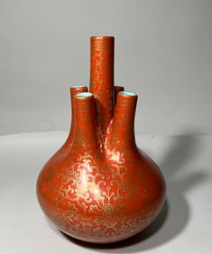 QING DYNASTY CORAL RED GOLD FIVE-HOLE BOTTLE