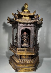 QING DYNASTY GILT COPPER AND SILVER INLAID BUDDHIST NICHE