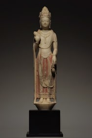 NORTHERN QI DYNASTY WHITE MARBLE AND GOLD-PAINTED BODHISATTVA STATUE