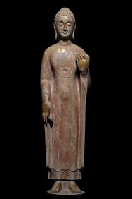NORTHERN QI DYNASTY GILDED AND PAINTED BUDDHA STATUE