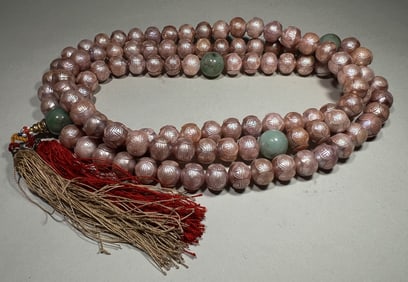 QING DYNASTY PINK PEARL CARVING TUAN SHOU 108 HANDHELD