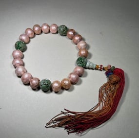 QING DYNASTY PINK PEARL CARVING TUAN SHOU EIGHTEEN SEEDS