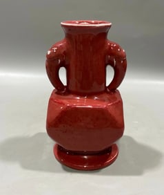 MING DYNASTY RED-GLAZED ELEPHANT-EAR VASE