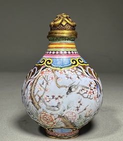 QING DYNASTY COPPER ENAMEL FLOWER AND BIRD SMOKE BOTTLE