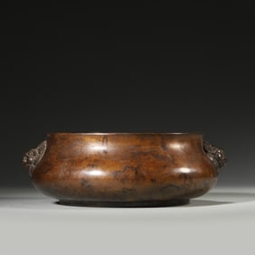 A copper censer with lion head shaped ears,Qing Dynasty,China