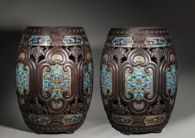 A pair of rosewood cloisonne stools,Qing Dynasty,China