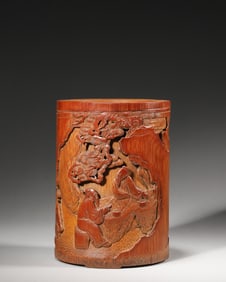 A figure carved bamboo brush pot,Qing Dynasty,China