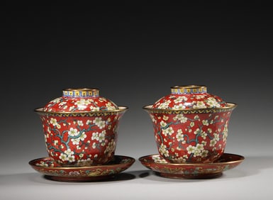 A set of plum blossom patterned copper enamel bowls,Qing Dynasty,China