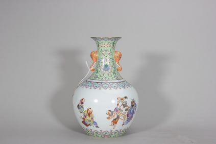 A famille rose figure porcelain zun with elephant shaped ears,Qing Dynasty,China