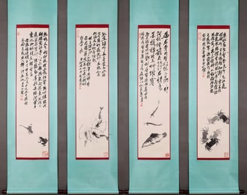4 Chinese painting vertical axes of "Fish, shrimp, crab, frog", Qi Baishi mark