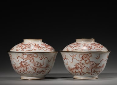 A set of lion patterned copper enamel bowls,Qing Dynasty,China