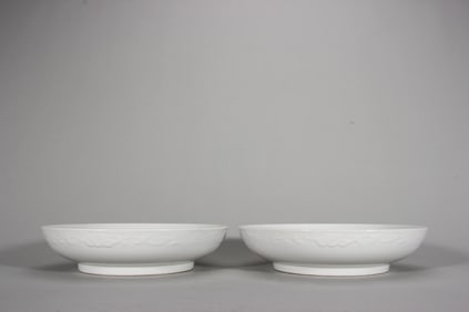 A pair of kui-dragon carved white glaze porcelain plates,Qing Dynasty,China