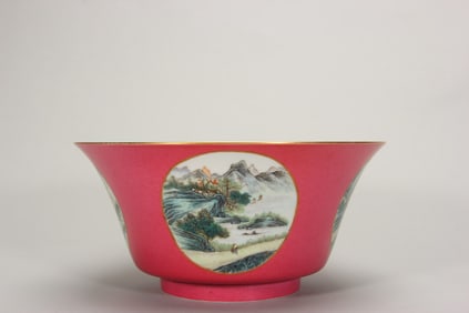 A red ground famille rose landscape porcelain bowl,The Republic of China,The Republic of China