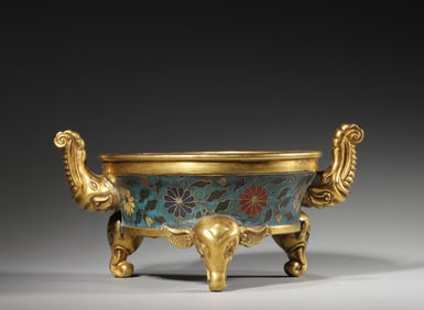 A gilding cloisonne censer with elephant shaped ears,Qing Dynasty,China