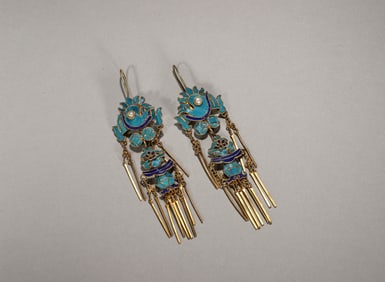 A pair of gilding silver tian-tsui phoenix bird earrings,Qing Dynasty,China