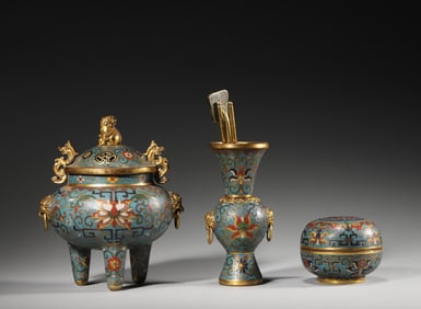 A set of cloisonne censer, vase and box,Qing Dynasty,China