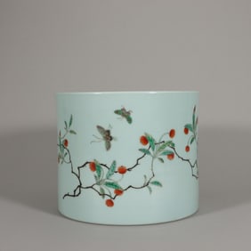 A celadon ground multicolored porcelain brush pot,Qing Dynasty,China