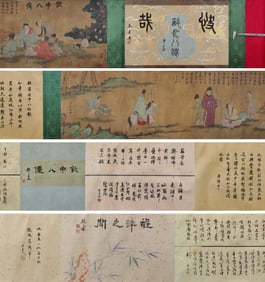 A Chinese painting long scroll of "Drinking the Eight Immortals",Tang Yin mark,Ming