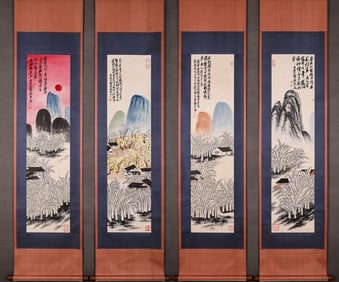 4 Chinese painting vertical axes of "Mountain scenery and banana trees", Qi Baishi mark