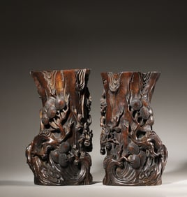 A pair of carved aloeswood brush pots,Qing Dynasty,China