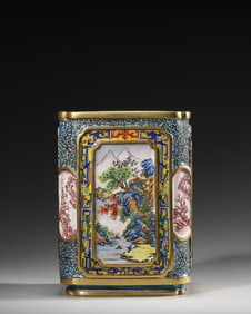 A landscape patterned copper enamel brush pot,Qing Dynasty,China