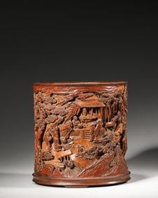 A figure carved bamboo brush pot ,Qing Dynasty,China