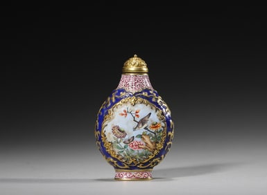 A bird and flower patterned gilding copper enamel snuff bottle,Qing Dynasty,China