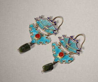 A pair of gilding silver tian-tsui earrings,Qing Dynasty,China