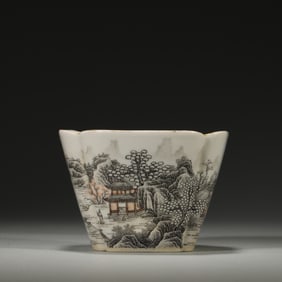 A pavilion, landscape and figure patterned porcelain cup,Qing Dynasty,China