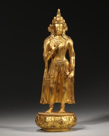 A gilding copper standing Guanyin statue,Qing Dynasty,China