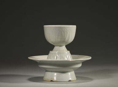 A lotus petal patterned greenish white porcelain cup holder,Song Dynasty,China,Song Dynasty,China