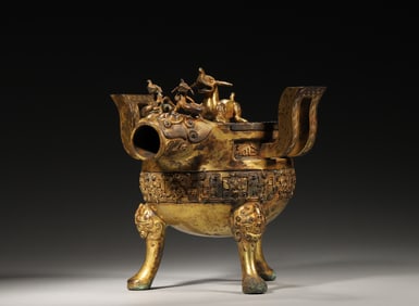 A double-eared kui dragon patterned gilding copper censer,Qing Dynasty,China