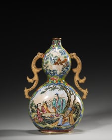 A figure patterned gourd shaped copper enamel vase,Qing Dynasty,China