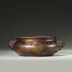 A copper censer with lion head shaped ears,Qing Dynasty,China