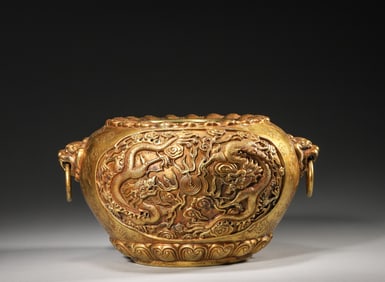 A dragon patterned double-eared gilding copper censer,Qing Dynasty,China
