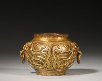 A taotie patterned gilding copper jar,Qing Dynasty,China